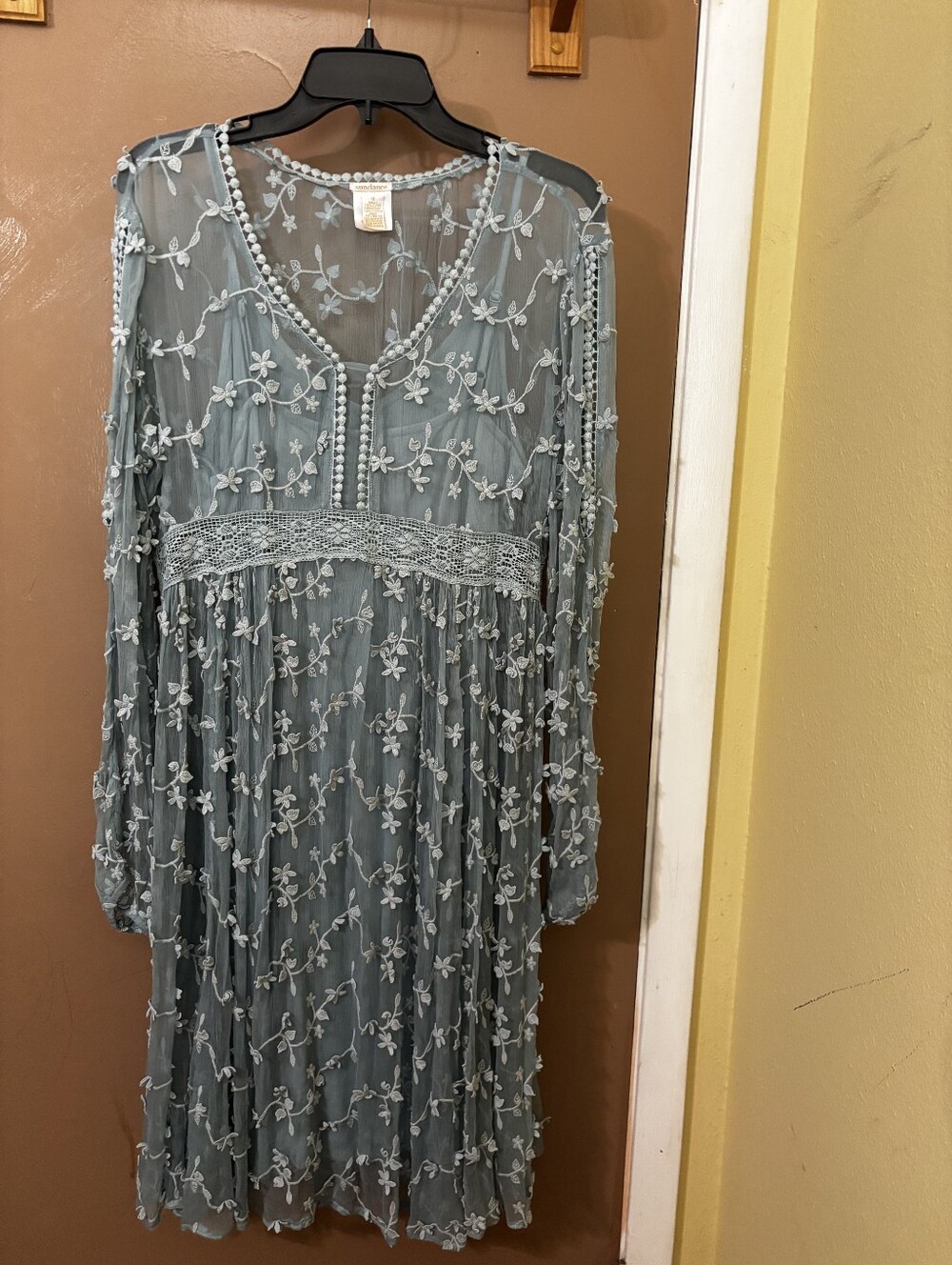 Boho Embroidered Lace-Trim Dress in Sage